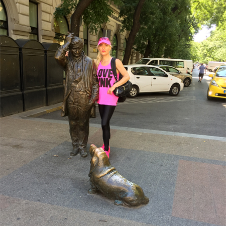 Edina Kinga Agoston at the Peter Falk Statue in Budapest, Hungary